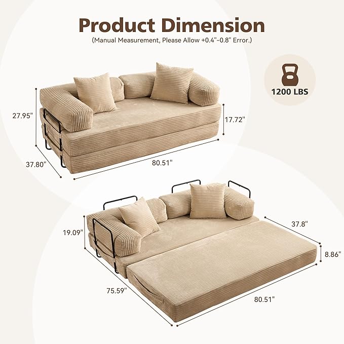 4-in-1 Folding Sofa Bed 78 Oversized Corduroy Sleeper Chair Convertible Loveseat to Floor Bed with Storage Pockets Boneless Design for Living Room Bedroom &amp Small Spaces