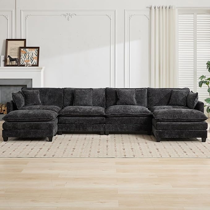149.6 Modern Sectional Couches for Living Room Charcoal Grey Comfy Cloud Couch Sectional 4 Seater Couch for Living Room with 2 Ottoman Sofas para Sala U Shaped Modern Sofa (Grey Black 4+2 Set)