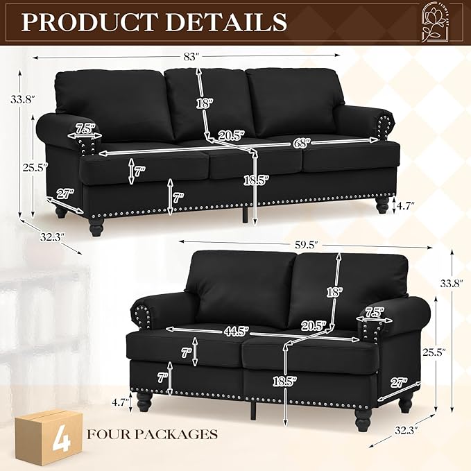 Couch and Loveseat Set Mid Century Chesterfield Faux Leather Vintage Retro Classic 3 Seater Loveseat Sofa Couch with Storage Nailhead Trim &amp Rolled Armrests for Living Room Bedroom Office Black