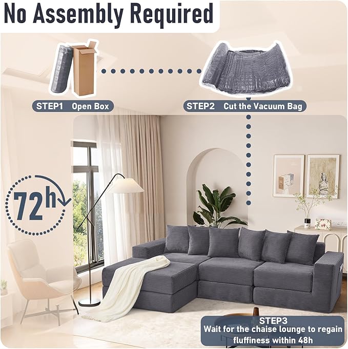 102 Upgraded L-shaped Modular Sectional Couches for Living Room Convertible Oversized Sleeper Sofa Bed-Luxury 1.5 Queen Bed. 11-in-1 Multifunctional Corduroy Boneless Folding Futon Couch Grey.