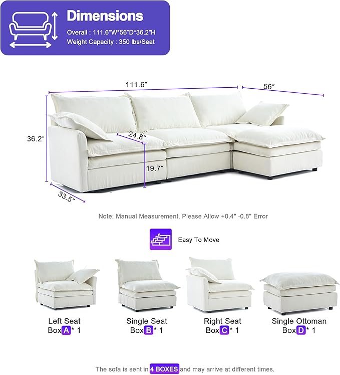 112 Inch Cream White Cloud Sectional Couch - Wide Pillow Edge Chenille Comfy Upholstered 3 Seater Modular Sofa with Ottoman L Shaped Couches for Living Room Apartment Office