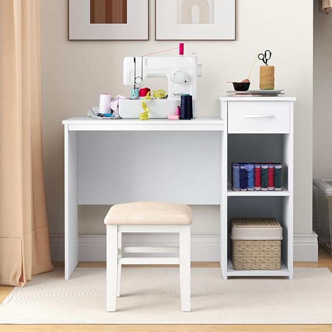 Giantex Computer Desk with Storage Modern PC Laptop Table with Printer Shelf Drawer CPU Stand &amp Cable Hole Compact Study Writing Desk Workstation for Small Spaces Home Office White