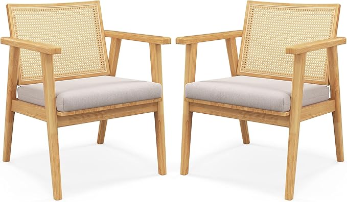 GOFLAME Rattan Accent Chairs Set of 2 Comfy Mid-Century Modern Cane Lounge Armchairs with Rattan Back &amp Removable Seat Cushion Reading Chairs with Solid Rubber Wood Frame for Living Room Bedroo