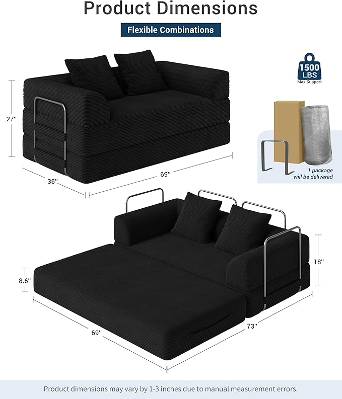 Cloud Boneless Convertible Sofa Bed 4-in-1 Foldable Compressed High-Density Sponge Sofa 70 Corduroy Fabric 3 Seater Sleeper Couch Futon Daybed for Living Room Bedroom (Black)
