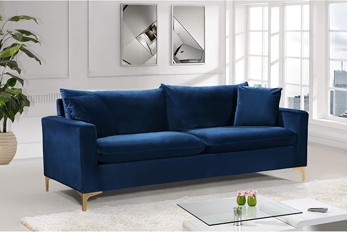 Meridian Furniture Naomi Collection Modern | Contemporary Black Velvet Upholstered Sofa with Stainless Steel Base in a Rich Gold or Chrome Finish (633Black-S)