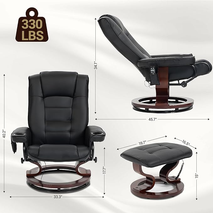 Massage Recliner with Ottoman PU Leather Reclining Chair w/ 8-Point Massager &amp Heated Solid Wood Base Indoor Lounge TV Chair with Foot Rest for Living Room Bedroom Black