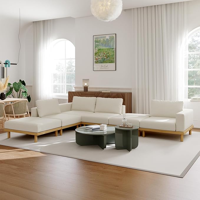 Acanva Minimalist Modular Sectional Sofa for Living Room Wide &amp Deep Seat Convertible Furniture Set with Metal Frame and Movable Covers Corner Chair Off White