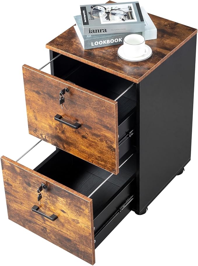 Brown Rolling Drawer Cabinet Office Drawers 2 Drawer Unit Chest of Drawers Wood Storage Cabinet with Drawers Rolling Printer Stand with Drawers Filing Cabinets for Home Office 40 x 40 x 66CM