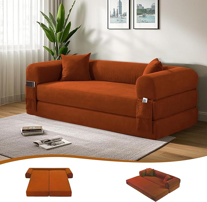 80 Convertible Sofa Bed 3-in-1 Corduroy Folding Pull Out Couch with Pillows No Assembly Modern Boneless Couch Compression Sofa in Box Floor Sofa with Side Storage Pocket for Living Room Orange