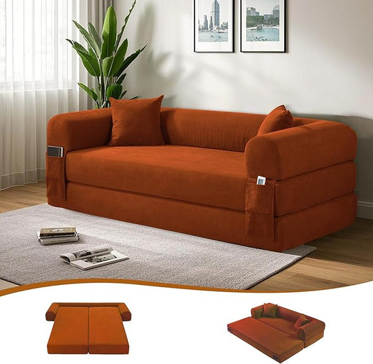 80 Convertible Sofa Bed 3-in-1 Corduroy Folding Pull Out Couch with Pillows No Assembly Modern Boneless Couch Compression Sofa in Box Floor Sofa with Side Storage Pocket for Living Room Orange
