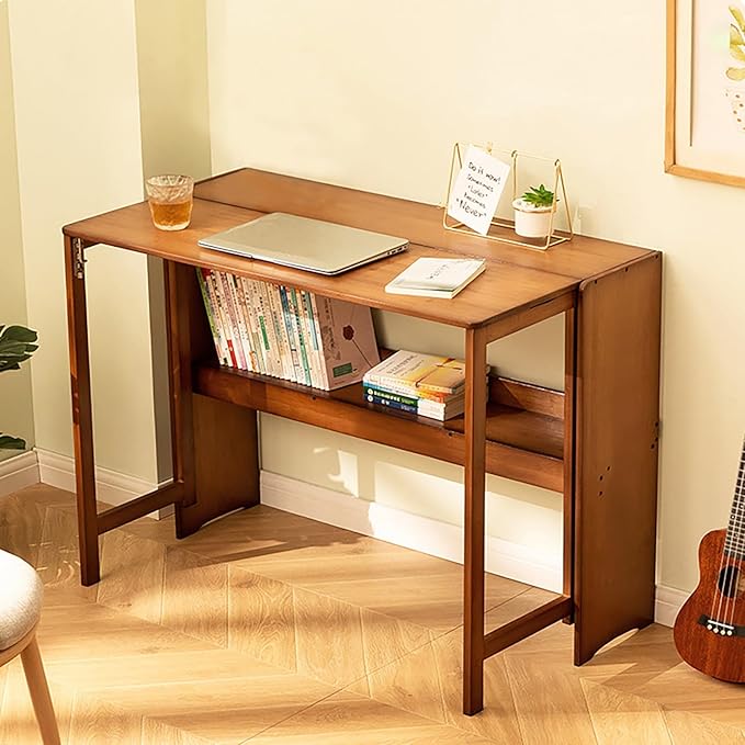 Bamboo Folding Desk Laptop Desk Writing Desk with Storage Shelf Vanity Table Small Computer Table Space Saving Workstation for Home Office