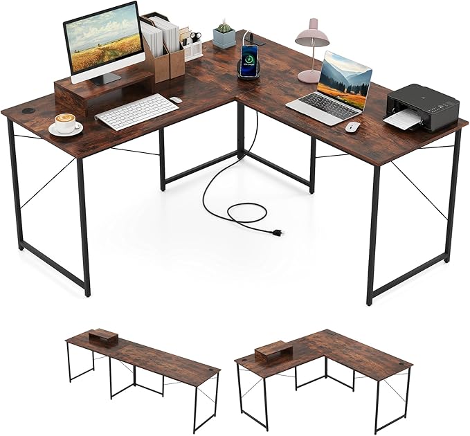 Tangkula L-Shaped Computer Desk with Power Outlets 95” Long 2-Person Desk with Monitor Shelf Modern Corner Desk Gaming Table with USB Ports for Home Office