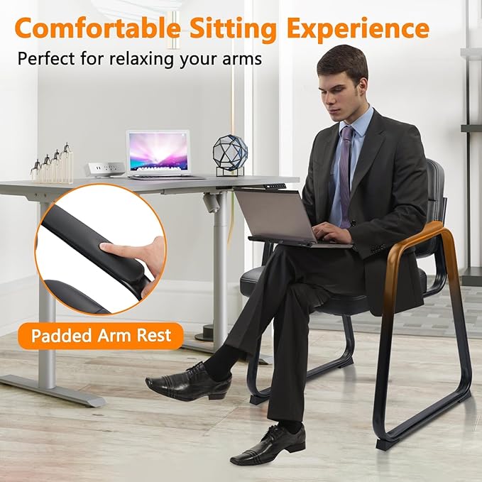 CLATINA Leather Office Guest Waiting Room Chair with Sled Base Reception Chair No Wheels with Armrests and Lumber Support Stationary Desk Armchair for Meeting Conference Lobby Shool Black 4 PK