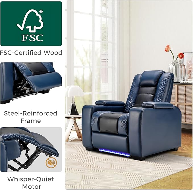 ANJ Power Home Theater Seating Set of 2 Blue Faux Leather Electric Recliner Chair with Adjustable Headrest Dual Motors Movie Reclining Chairs with LED LightsUSB portCup Holders Hidden Arm Storage