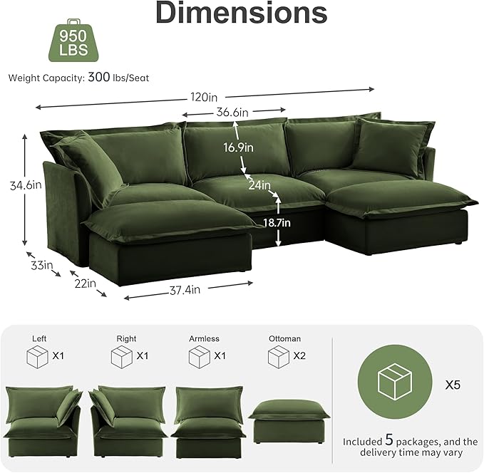 120 Inch 3-Seater Oversized Sectional Sofa with 2 Ottomans - Wide Deep Seat Removable Washable Chenille Fabric for Living RoomGreen