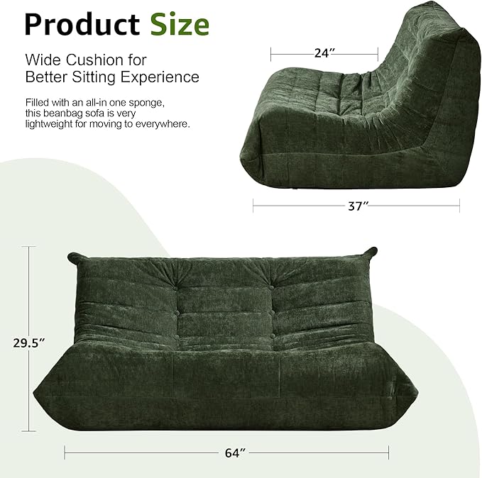 Bean Bag Chairs for Adults Giant Bean Bag Chair Memory Foam BeanBag Chair Bean Bag Sofa with Filler Faux Fur Fireside Beanbags Lazy Sofa for Living Room Bedroom Office (Green Chenille Loveseat)