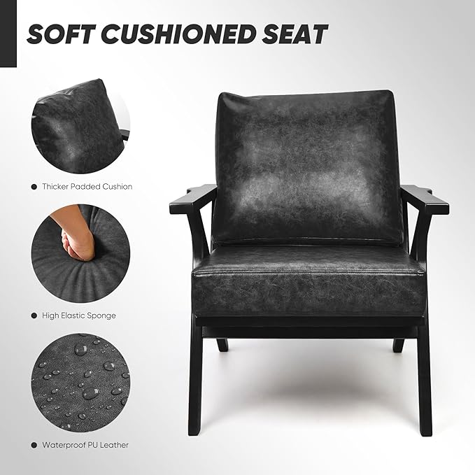 Mid-Century Modern Accent Chairs PU Leather Fabric Thicker Upholstered Armchair 1PCS for Bedroom Living Room-Black