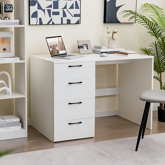 COSTWAY White Computer Desk with 4 Large Drawers Home Office PC Desk Workstation for Writing Modern Computer Table for Bedroom Study Living Room