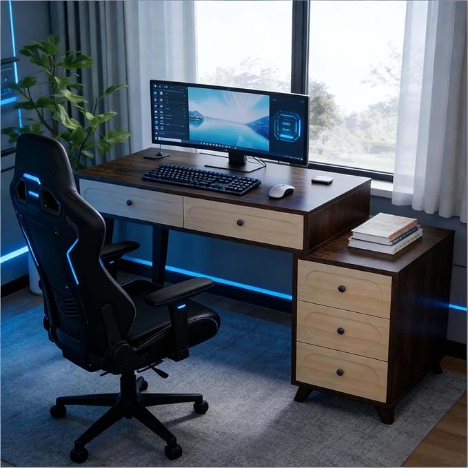 Computer Desk with Adjustable Position Drawers Gaming Desk with Storage Compact Home Office Desks Vanity Desks Without Mirror for Bedroom/Study Writing (Brown)