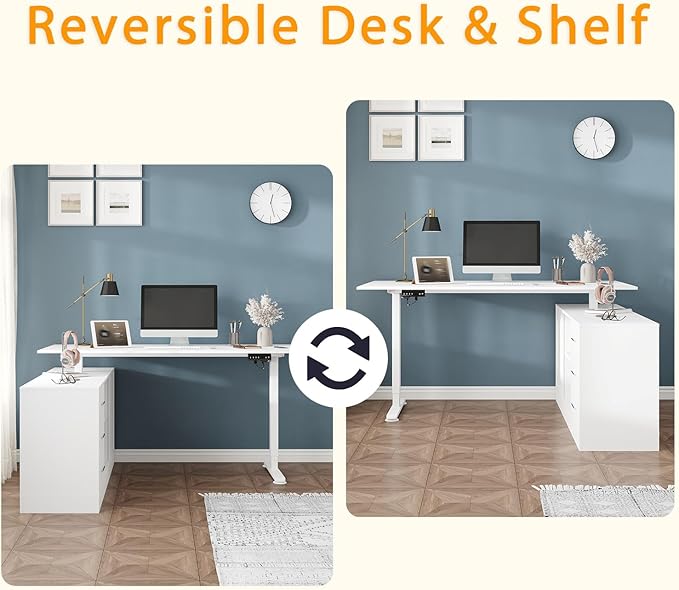 Lovinouse Large White Electric Adjustable Standing Desk Reversible L Shaped Office Work Desk with Storage Drawers Adjustable Height and Shelves Rising Study Computer Table for Home Office Bedroom