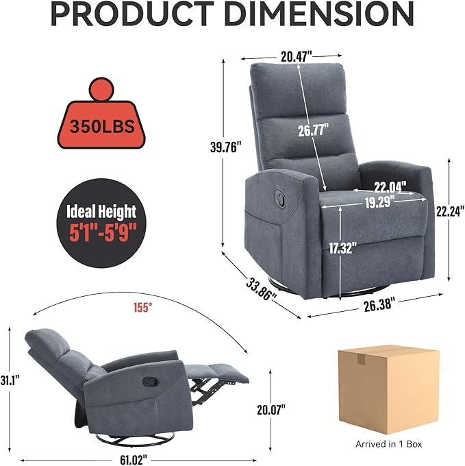 Swivel Rocker Recliner Chair for Adults Rocking Recliner Chair Rocker Nursery Glider ChairRecliners for Small Spaces Manual Recliner Single Sofa for Living Room Nursery (Blue Grey)