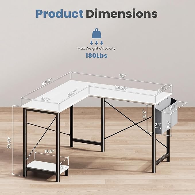 Sweetcrispy L Shaped Desk - Computer Desk Corner Desks Gaming Desk PC Table with CPU Stand Side Bag for Home Office Dorm Sturdy Writing Workstation White 50-Inch