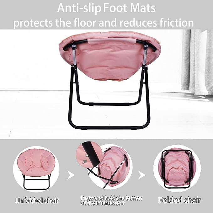 Round Foldable Moon Saucer Chair with 220lbs Weight Capacity Cozy Chair for Relaxing Gaming or as an Extra Seat for Guests Pink