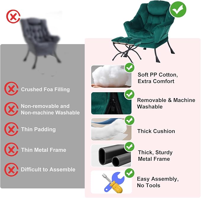 Lazy Chair with Ottoman Modern Accent Chairs with Folding Footrest Velvet Dark Green Sofa Chair Set Reading Chairs Oversized Armchairs for Bedroom Study Living Room Courtyard