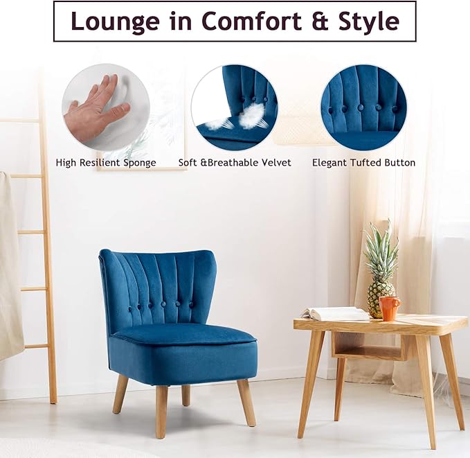 S AFSTAR Armless Accent Chair Wingback Velvet Sofa Chair with Solid Rubber Wood Legs &amp Thick Padded Seat Upholstered Leisure Club Chair for Living Room Guest Room Coffee Shop (1 Blue)