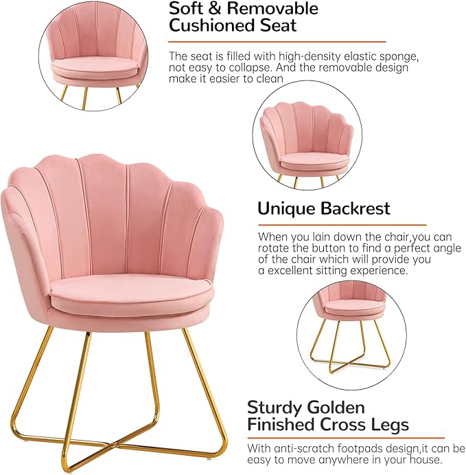 Furniliving Pink Vanity Chairs Velvet Makeup Chair for Bedroom Home Office Desk Chair with Gold Plating Legs Cute Accent Chair for Makeup Room Bedroom Living Room Guest Reception (Velvet Pink)