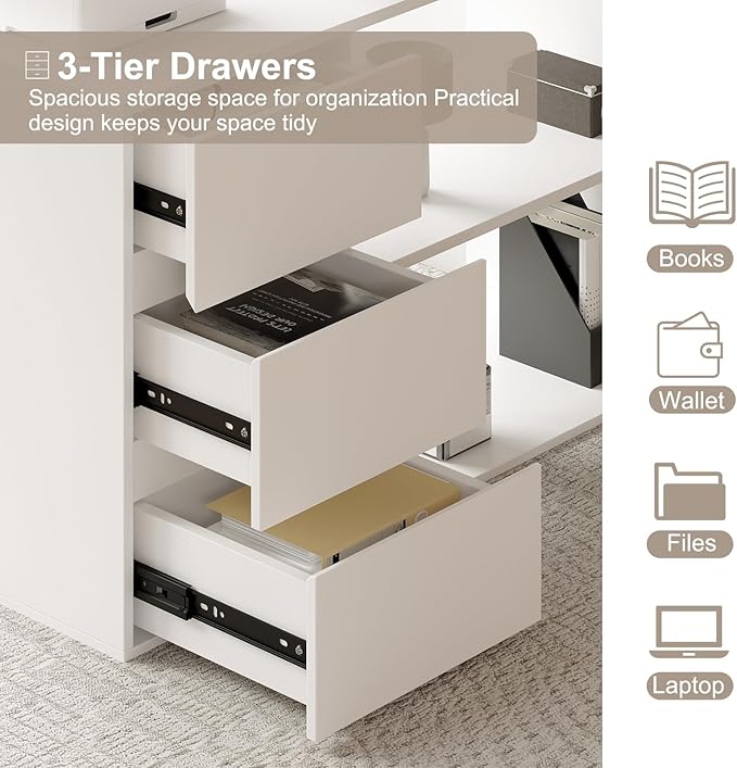 L Shaped Computer Desk 47 Inch Home Office Desk with File Drawers &amp Storage Shelves Small Corner Computer Desk for Small Space (White)