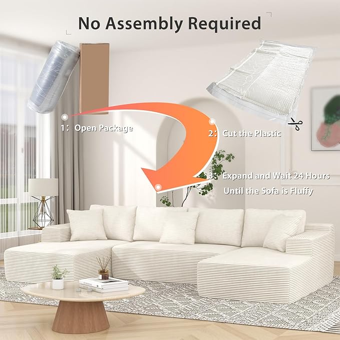 Verano Garden 133 U-Shaped Modular Sectional Sofa Modern Cloud Couch with Double Chaise Comfy Corduroy Couch with Memory Foam Deep Seat Floor Sofa No Assembly Required (Cream White)