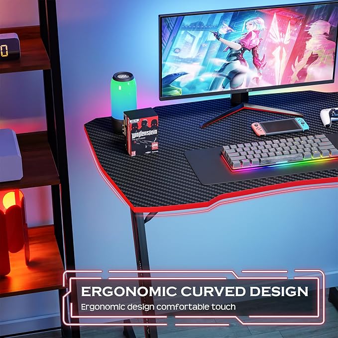 PayLessHere | 35 Gaming Table | Red | Z-Shaped Computer Desk with Steel Frame Headphone Hook Adjustable Feet | Carbon Fiber Texture Surface Sweat &amp Waterproof | for Gaming Home Office