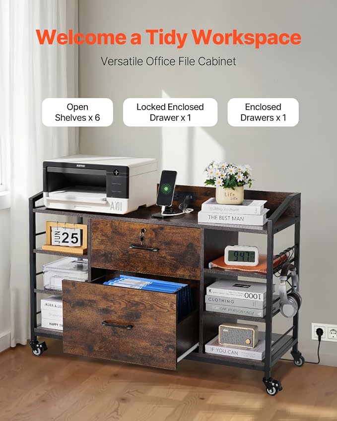 VEVOR 2 Drawers Metal File Cabinet Lateral Filing Cabinet with Lock and 6 Open Shelves Wooden Wide Filing Storage Cabinets with Power Strip for Letter A4 Legal Size File Easy Assembly Brown