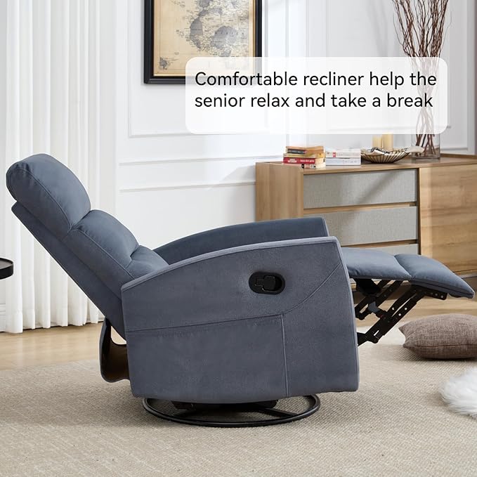 Swivel Rocker Recliner Chair for Adults Rocking Recliner Chair Rocker Nursery Glider ChairRecliners for Small Spaces Manual Recliner Single Sofa for Living Room Nursery (Blue Grey)