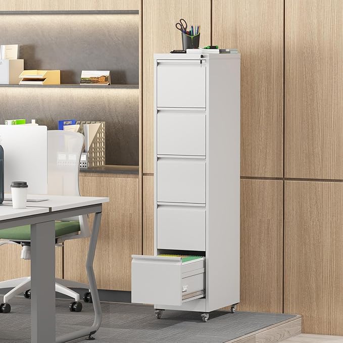 5 Drawer File Cabinet with Lock Metal Mobile Filing Cabinets Office Home Metal Vertical Storage Cabinet for A4 Legal/Letter Size LockedAssembly Required (White 5 Drawer)