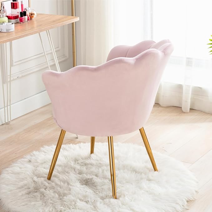 chairus Light Pink Makeup Vanity Chair with Back Modern Velvet Upholstered Small Accent Chair with Gold Metal Legs Cute Shell Shaped Vanity Stool Desk Chair for Living Room Bedroom Dressing Room