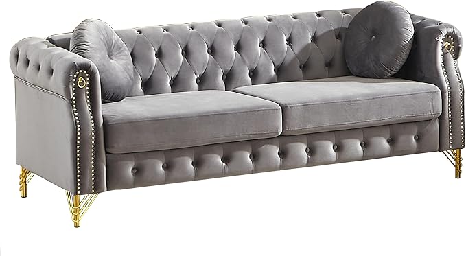 ERYE 82-Inch Button Tufted Sofa Couch with 2 Round Pillows 3 Seat Velvet Tufted Sofa Spacious Chesterfield Loveseat Couches W/Nailhead DecorRing Accent &amp Golden Legs