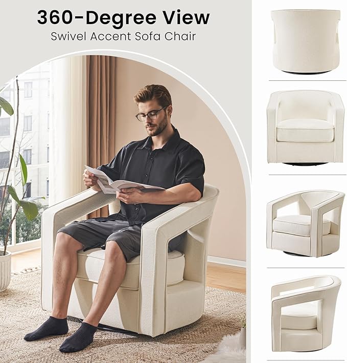 Furniliving Chenille Swivel Accent Chair for Living Room Upholstered Barrel Chair with Curved Back Comfortable Reading Chair for Bedroom Balcany Home Office White