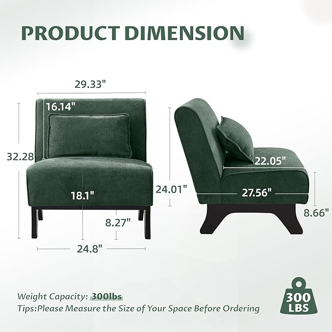 Upholstered Armless Accent ChairModern Comfy Living Room Chairs with Wooden Legs&amp PillowsLounge Sofa Side Chair for Bedroom Farmhouse Reading (Green 1 PC)
