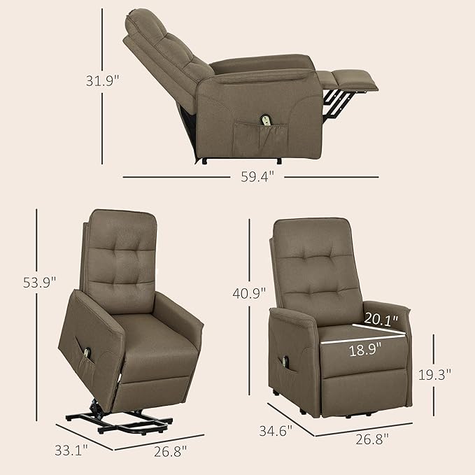 HOMCOM Power Lift Recliner Chair for Elderly Fabric Lift Chair Sofa with Remote Control Side Pockets Pocket Spring Tufted Back Quick Assembly Brown