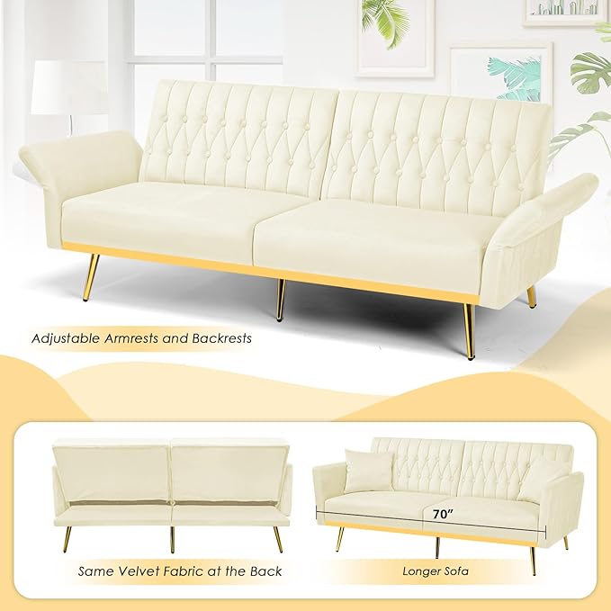 70 Velvet Futon with Adjustable Backrest and Armrests Sofa Bed with Extra Pillows for Waiting Room Living Room and Office Beige