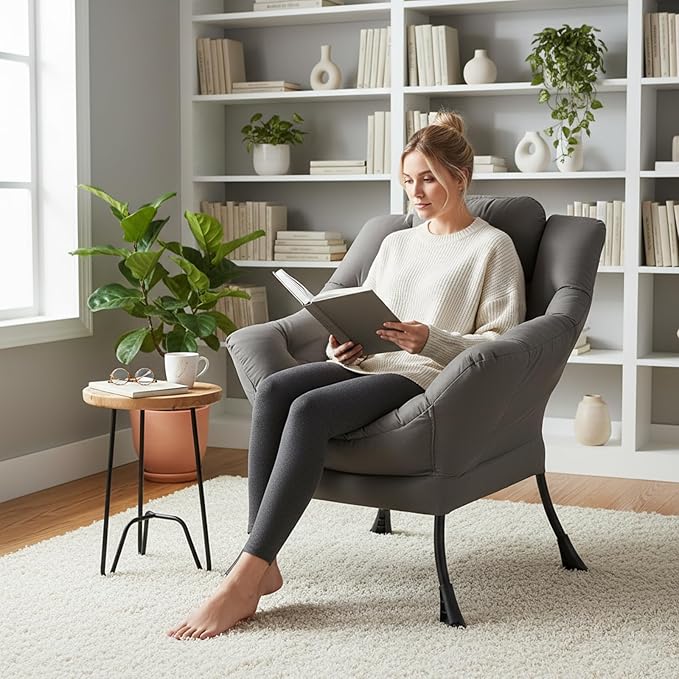 Welnow Lazy Chair for Living Room Modern Reading Accent Chair with Armrests and a Side Pocket Leisure Upholstered Lazy Sofa for Small Space Bedroom Dorm Dark Grey