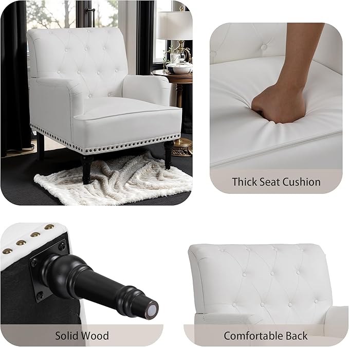 MOJAY Modern PU Leather Accent Chair Set of 2 Mid-Century Living Room Lounge Club Chair with Rivet Trim Single Sofa Reading Arm Chair for Bedroom Home Office Study Lounges(White)