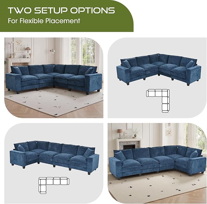 97 L Shaped Couch Corner Sofa 5 Seater Oversized Cloud Couch with 2 Pillows Chenille Modular Sectional Sofa Armrests with Two Hidden Storage Space Sectional Couches for Living Room Dark Blue