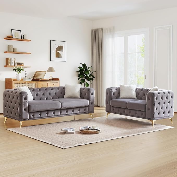 Mid Century Modern Loveseat Couch61W Luxury Upholstered Velvet Small Couch with Button Tufted &amp Gold Legs Deep Seat Comfy Chesterfield Sofa for Living Room Bedroom Office(2 Seater Grey)