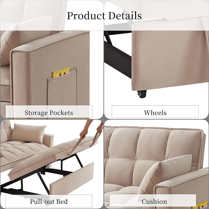 KEIKI Velvet Loveseat Convertible Sofa Bed Sleeper Chair with Adjustable Backrest Pillows &amp Storage Pockets 3 in 1 Pull-Out Couch Chaise Lounge Recliner for Living Room Balcony Bedroom Taupe