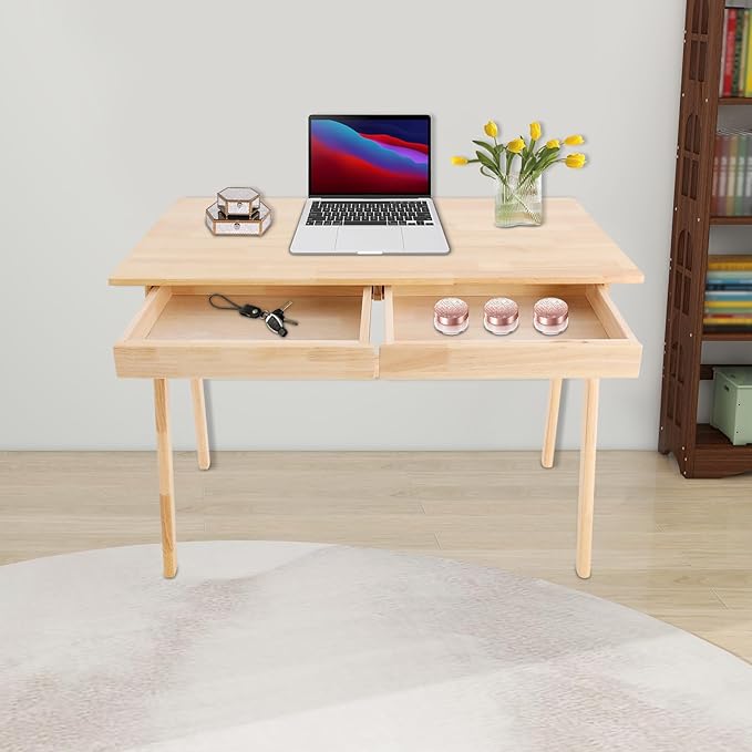 Eapmic Solid Wood Writing Desk Computer Table Study Desk with Drawers Small Space Home Office Workstation Freestanding Wooden Study Table for Bedroom Apartment Dorm Minimalist Design (BurlywoodA)