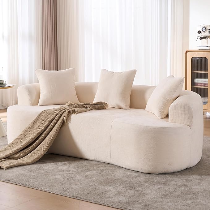 80 Curved Loveseat for Small Spaces White Curved Couches for Living room Compression Sofa in a Box with 3 Pillows Small Couch for Bedroom with Wide Armrest &amp Memory Foam No Assembly Required