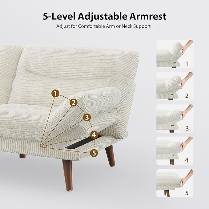 PERLECARE Convertible Futon Sofa Bed 66 Corduroy Futon Couch with Adjustable Backrest and Armrests 3-in-1Recliner Sleeper Sofa for Small Spaces Play RoomLiving Room or Office（66 inWhite） | Adjus